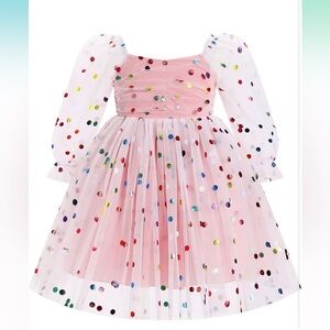 Toddler Dress Long Puff Sleeve Tutu Tulle sz 2 - 3T pink polka dot